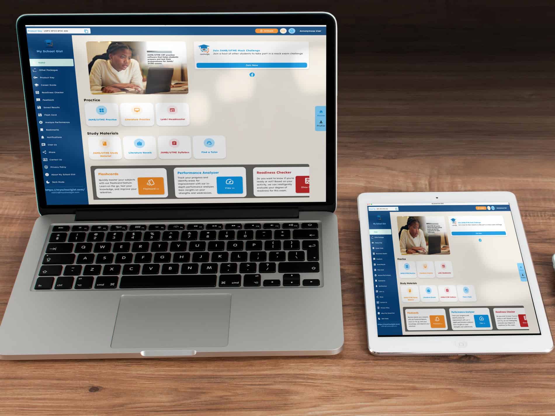 MySchoolGist JAMB CBT Software preview showing the exam-style CBT interface on Windows